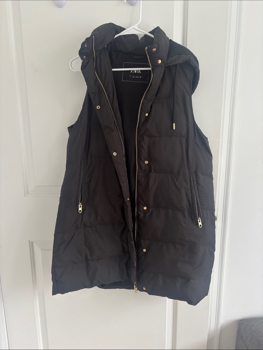 ZARA Black Quilted Hooded Puffer Vest with Gold Hardware
